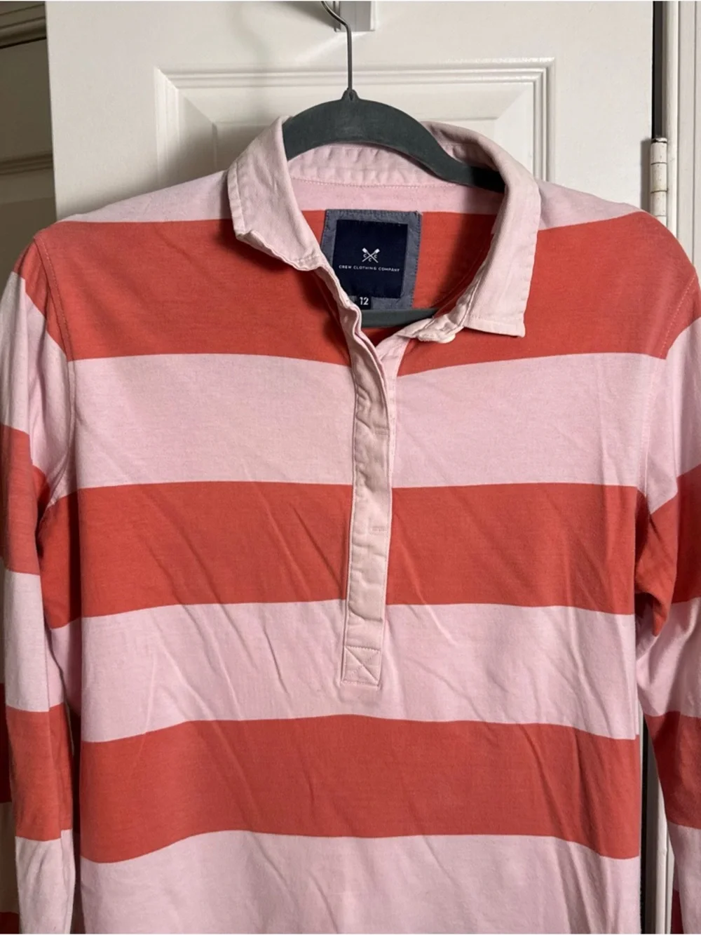 Crew Clothing Company Pink Orange Striped Rugby Shirt Preppy Coastal Top Size 12 - Picture 7 of 10